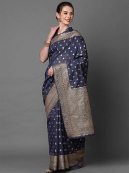 Odette - Navy Blue Festive Silk Blend Woven Design Saree with Unstitched Blouse