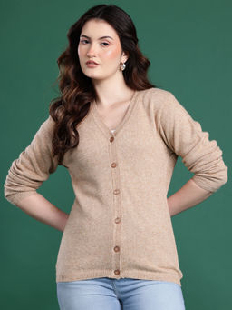 CAYMAN - V-Neck Front-Open Woollen Beige Cardigan