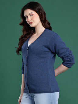 CAYMAN - V-Neck Front-Open Woollen Blue Cardigan