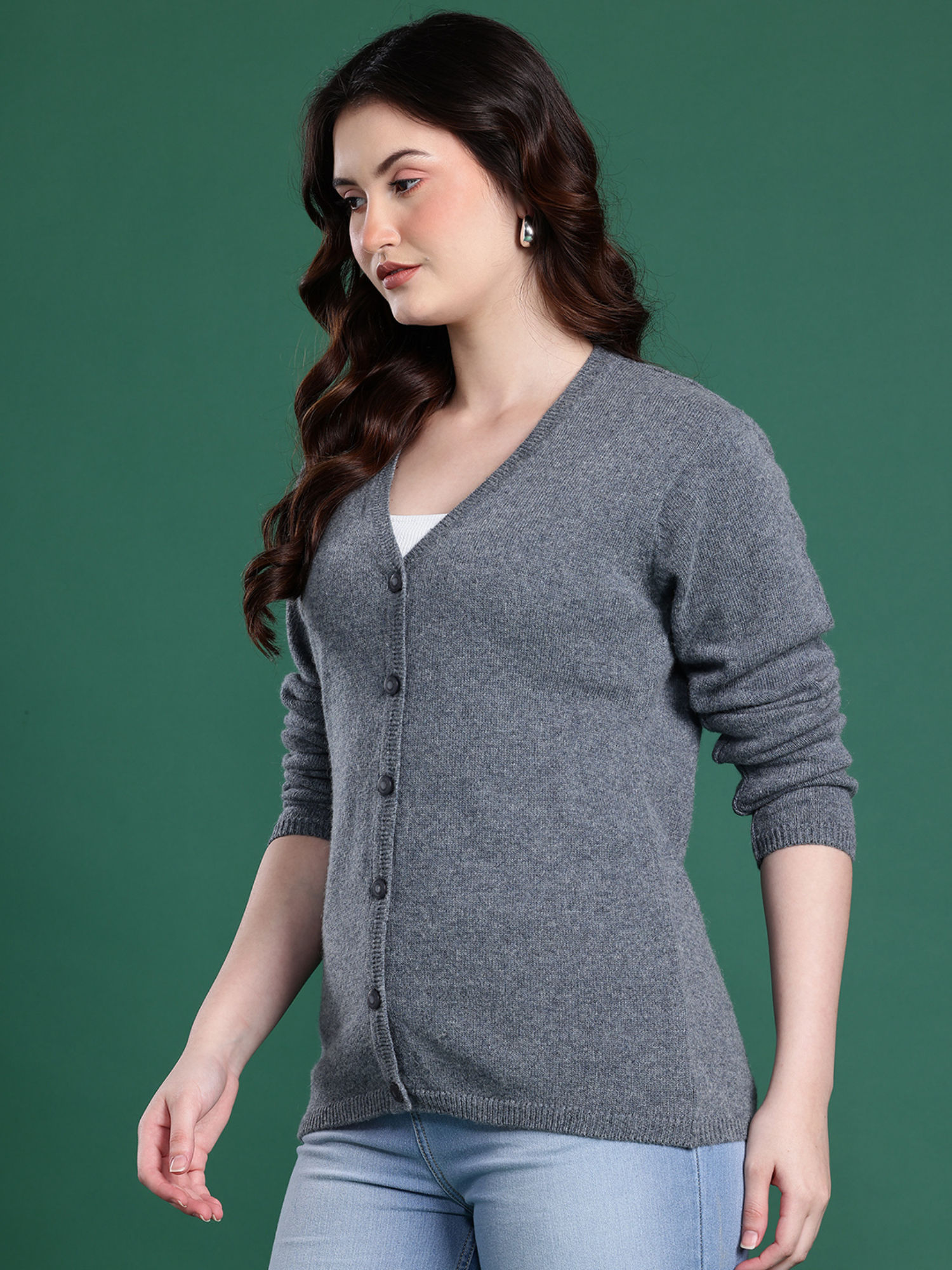 cayman V-Neck Front-Open Woollen Grey Cardigan-picture-10