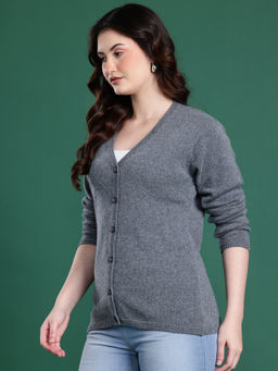 CAYMAN - V-Neck Front-Open Woollen Grey Cardigan