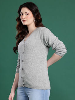 CAYMAN - V-Neck Front-Open Woollen Grey Cardigan