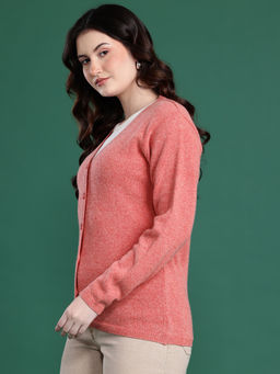 CAYMAN - V-Neck Front-Open Woollen Peach Cardigan