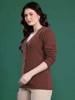 CAYMAN - V-Neck Front-Open Woollen Brown Cardigan