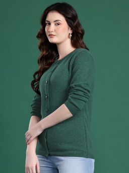 CAYMAN - Solid Round Neck Woollen Green Cardigan