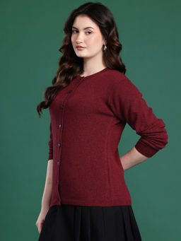 CAYMAN - Solid Round Neck Woollen Maroon Cardigan