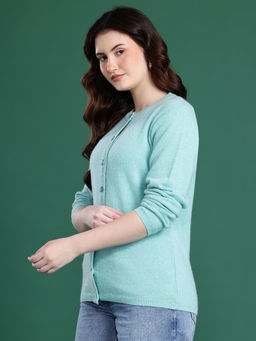 CAYMAN - Solid Round Neck Woollen Turquoise Cardigan