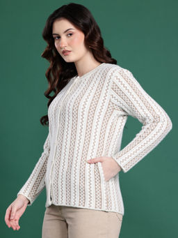 CAYMAN - Self Design Geometric Front-Open Woollen Off White Cardigan