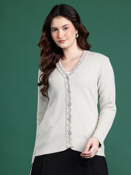 CAYMAN - Self Design Cable Knit V-Neck Woollen Grey Cardigan