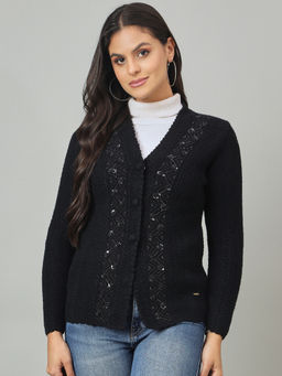 Duke - Women Front Open Regular Black Cardigan