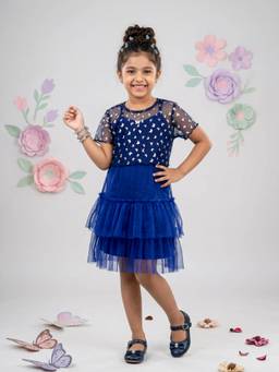 KiddoPanti - Navy Blue Embellished/Sequined Round Neck Dress with Innerwear & Over Lay