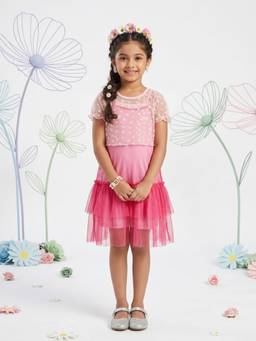 KiddoPanti - Pink Embroidered Round Neck Dress with Innerwear & Over Lay