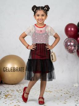 KiddoPanti - Red Embellished/Sequined Round Neck Dress with Innerwear & Over Lay