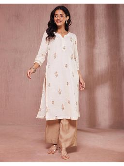 Fabindia - Cotton Linen Slim Fit Printed Long Off White Kurta