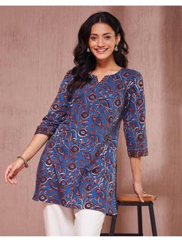 Fabindia - Cotton Dabu Printed Short Indigo Kurta