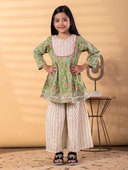 Readiprint - Peplum Style Cotton Fabric Green Kurti With Sharara