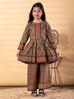 Readiprint - Peplum Style Cotton Fabric Green Kurti With Sharara
