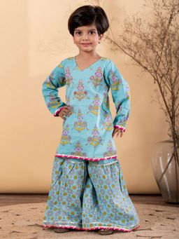 Readiprint - Straight Style Cotton Fabric Blue Kurti With Sharara