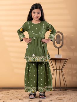 Readiprint - Peplum Style Cotton Fabric Green Kurti With Sharara