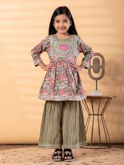 Readiprint - Peplum Style Cotton Fabric Green Kurti With Sharara