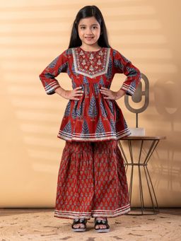 Readiprint - Peplum Style Cotton Fabric Maroon Kurti With Sharara