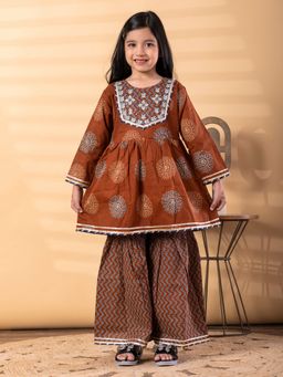Readiprint - Peplum Style Cotton Fabric Brown Kurti With Sharara