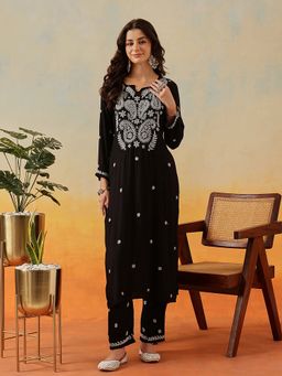 ADA - Hand Embroidered Lucknowi Chikankari Black Grey Modal Kurta With Pant