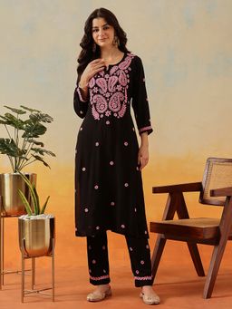 ADA - Hand Embroidered Lucknowi Chikankari Black Pink Modal Kurta With Pant