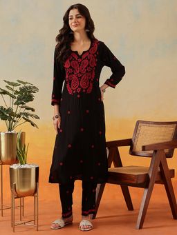 ADA - Hand Embroidered Lucknowi Chikankari Black Red Modal Kurta With Pant