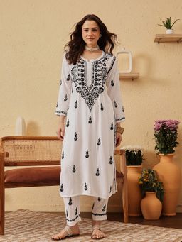 ADA - Hand Embroidered Lucknowi Chikankari White Black Rayon Kurta With Pant