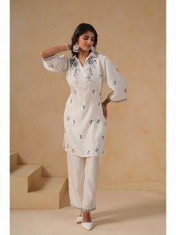 SAVI - Poly Silk White Embroidered Designer Kurta and Pant