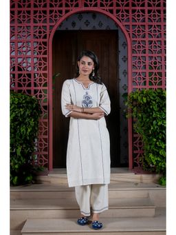 GAYRAA - Cotton Embroidered Cream Kurta with Palazzo