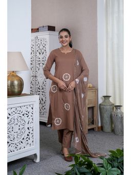 GAYRAA - Cotton Hand Work Brown Kurta with Pant and Dupatta