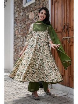 GAYRAA - Olive Cotton Printed Designed Yoke Anarkali Kurta with Palazzo & Dupatta