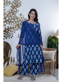 GAYRAA - Cotton Printed Blue Kurta with Palazzo and Dupatta
