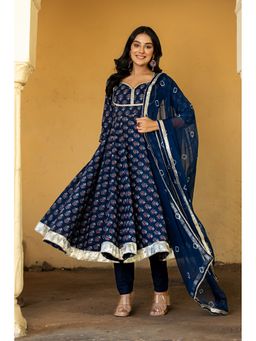 GAYRAA - Navy Blue Cotton Lace work Anarkali Kurta with Pant & Dupatta