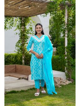 GAYRAA - Cotton Printed Lace Work Aqua Kurta with Pant and Dupatta