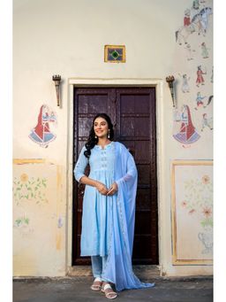 GAYRAA - Cotton Embroidered Blue Kurta with Pant and Dupatta