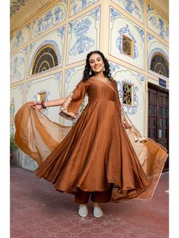 GAYRAA - Brown Chanderi Embroidered Anarkali Kurta with Palazzo & Dupatta