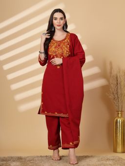 Clora Creation - Maroon Embroidered Woolen Kurta With Pant and Dupatta