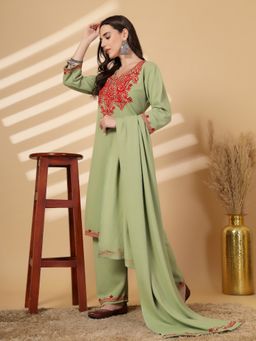 Clora Creation - Green Embroidered Woolen Kurta With Pant and Dupatta