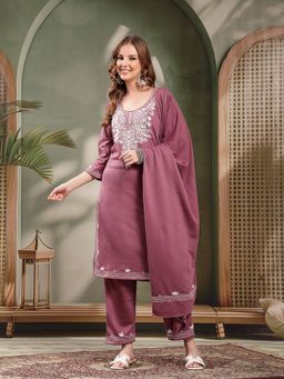 Clora Creation - Mauve Embroidered Woollen Kurta With Pant and Dupatta