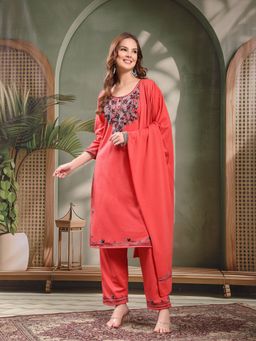 Clora Creation - Peach Embroidered Woollen Kurta With Pant and Dupatta