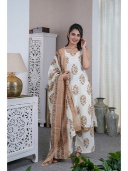 GAYRAA - Cotton Printed Cream Kurta with Palazzo and Dupatta