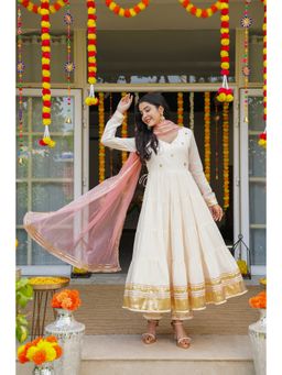 GAYRAA - Cream Cotton Hand worked Anarkali Kurta with Pant & Dupatta