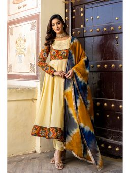 GAYRAA - Cream Cotton Printed Zari Work Anarkali Kurta with Pant & Dupatta