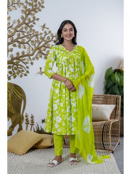 GAYRAA - Cotton Designed Yoke Green Kurta with Pant and Dupatta