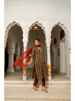 GAYRAA - Cotton Mirror Work Brown Kurta with Pant and Dupatta