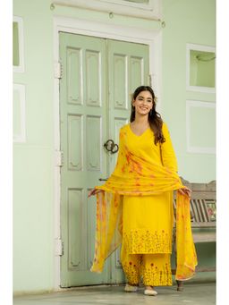 GAYRAA - Cotton Embroidered Mustard Kurta with Palazzo and Dupatta