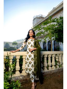 GAYRAA - Cotton Floral Off White Kurta with Palazzo and Dupatta